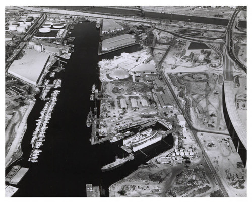 Aerial photograph of ship in dry dock at harbor