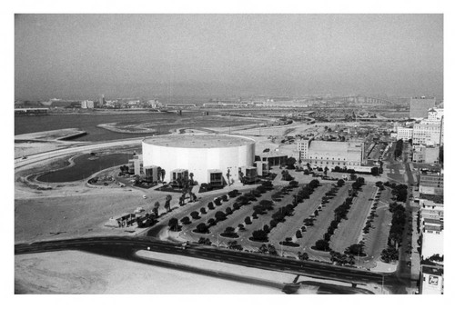 Aerial photo of the Long Beach Arena and surrounding area, 1965