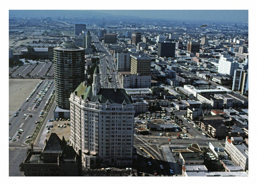 Aerial photograph of downtown, Long Beach, looking west