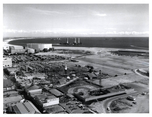 Aerial view of the Pike, Long Beach Arena and Municipal Auditorium