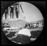 Thomas Allen and William Sachtleben with two Greek guards next to the Parthenon, Athens, 1891