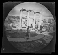 William Sachtleben with his bicycle at the Library of Hadrian, Athens, 1891