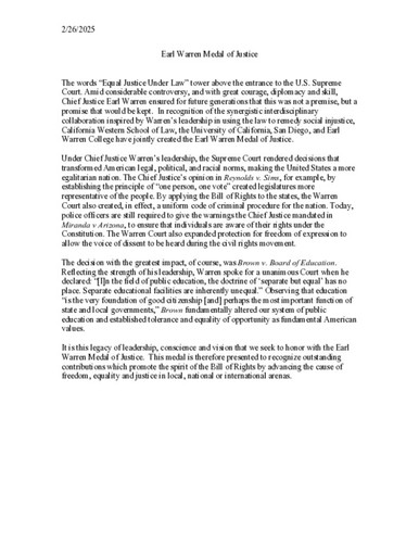 Earl Warren Medal of Justice planning and description