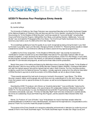 UCSD-TV Receives Four Prestigious Emmy Awards