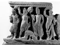 Bas-relief fragment depicting Dipankara jataka. Detail view