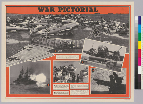 War pictorial: Pulverized by bombs and bullets...: Broadside form H.M.S. "Howe"...: Front line filling station