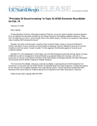 "Principles Of Sound Investing" Is Topic At UCSD Economic Roundtable On Feb. 18