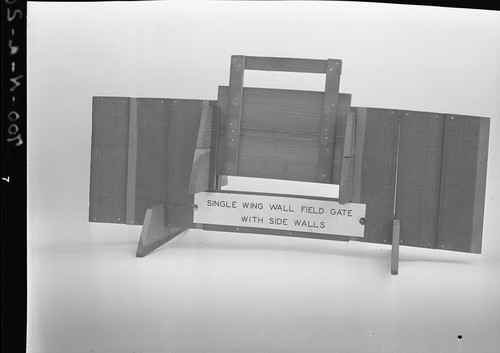 Model of single wing wall field gate with side walls, scale approximately 1 to 4. Used in Picnic Day exhibit, April 16, 1932