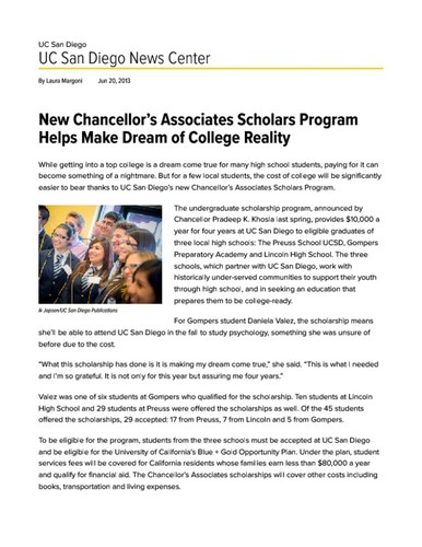 New Chancellor’s Associates Scholars Program Helps Make Dream of College Reality