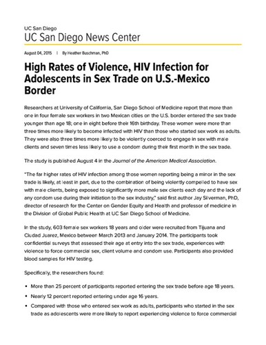 High Rates of Violence, HIV Infection for Adolescents in Sex Trade on U.S.-Mexico Border