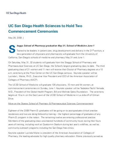 UC San Diego Health Sciences to Hold Two Commencement Ceremonies