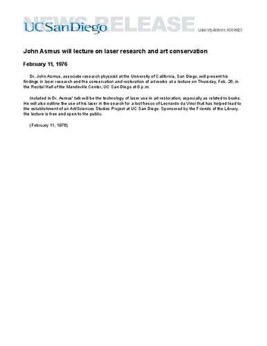 John Asmus will lecture on laser research and art conservation