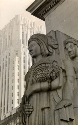 [Closeup of Ralph Stackpole's sculpture of women outside of Stock Exchange]