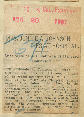 Mrs. Jennie A. Johnson dies at hospital