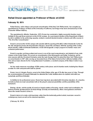Rafael Druian appointed as Professor of Music at UCSD