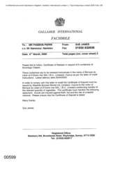 Gallaher International [Memo from Sue James to Pambos Pieris the Certificate of Release in respect of 6 containers of Sovereign Classic]