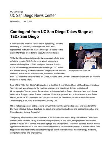 Contingent from UC San Diego Takes Stage at TEDx San Diego