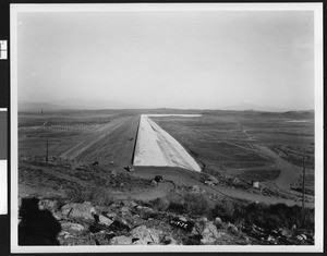 View looking southeast on top of the main levee on the north side of Cajalco Reservoir, November 19, 1939