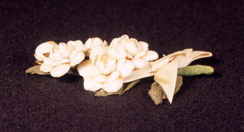 White shell corsage pin with white ribbon
