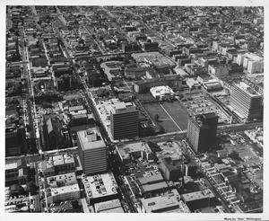 Koreatown, Ambassador Hotel, Wilshire Boulevard, Texaco Building, Kenmore Street, Catalina Street, (aerial view facing south)