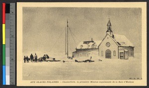 Men and dog sled team standing outside of a wooden church, Canada, ca.1920-1940