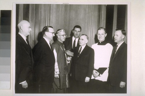 Left to right are California Attorney General Edmund G. Brown, Bishop Merlin Guilfayle, William Ferdon, (rear), president of St. Thomas More Society, Chief Justice Philip Gibson, Rev. Keller, Rep. William Mailliard