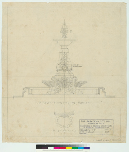 Elevation for modeler and plan of shell for fountain, Pasadena City Hall, sheet no. 31M