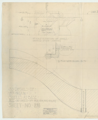 Architectural drawing of shells and fountain base, Pasadena City Hall, left side of sheet no. 838