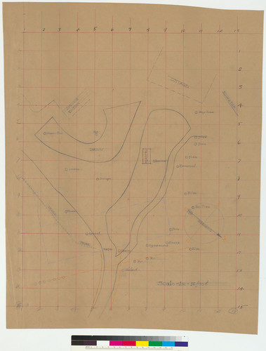 Layout of garden, including tree locations, on grid, Percy Morgan property, Los Altos, Calif