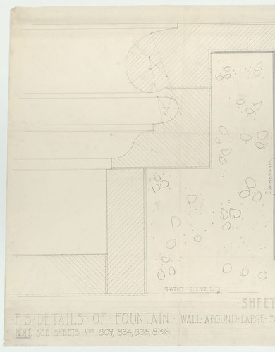 Architectural drawing of wall around basin of fountain, Pasadena City Hall, left side of sheet no. 837