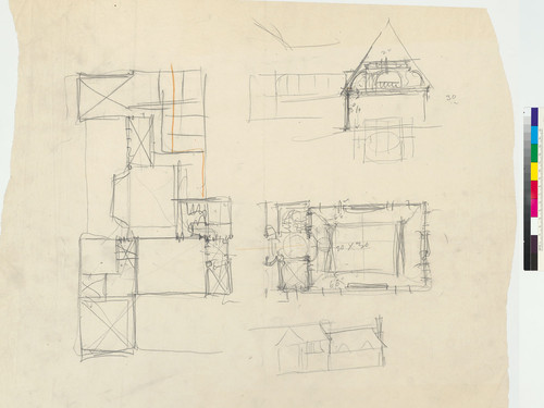 Four sketches on one sheet of proposed house for Percy Morgan, including floor plans and front view of house