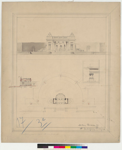 Architectural drawing of a summer reading room in a park, signed by Arthur Brown, Jr