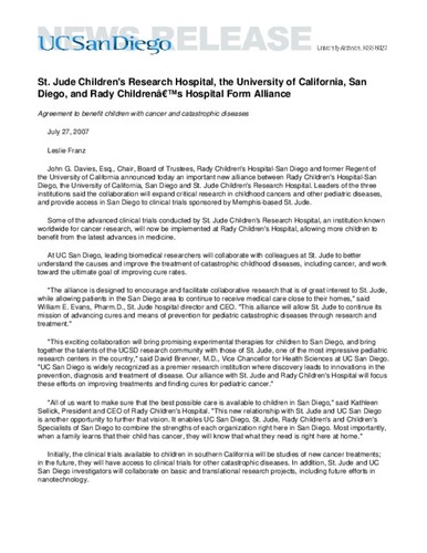 St. Jude Children's Research Hospital, the University of California, San Diego, and Rady Children's Hospital Form Alliance--Agreement to benefit children with cancer and catastrophic diseases