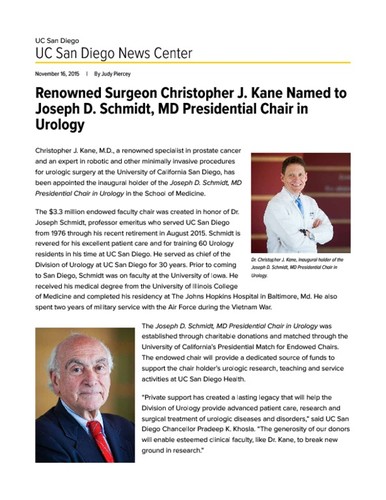 Renowned Surgeon Christopher J. Kane Named to Joseph D. Schmidt, MD Presidential Chair in Urology