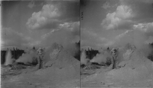 Young Faithful in Eruption, Upper Geyser Basin. Giant Geyser