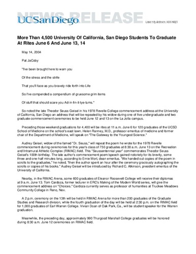 More Than 4,500 University Of California, San Diego Students To Graduate At Rites June 6 And June 13, 14