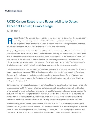 UCSD Cancer Researchers Report Ability to Detect Cancer at Earliest, Curable Stage - UC San Diego Medical Center