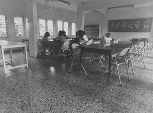 Tamil Nadu, South India, January 1977. The cafeteria of the new Women Students Christian Hostel