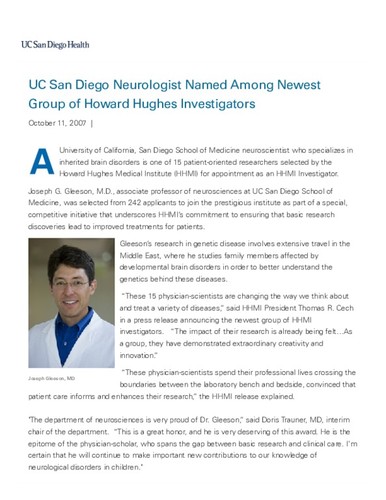 UC San Diego Neurologist Named Among Newest Group of Howard Hughes Investigators