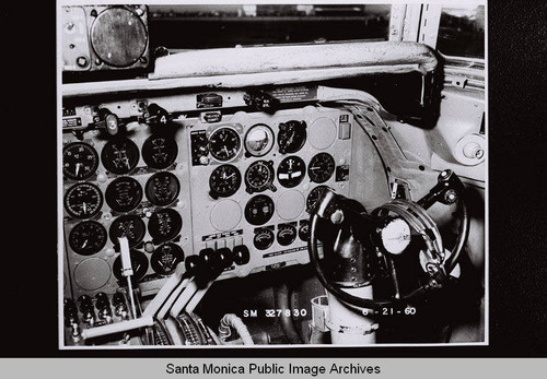 Right side of cockpit, Douglas Aircraft Company DC-7 interior with detail of operational controls and gauges, June 21, 1960