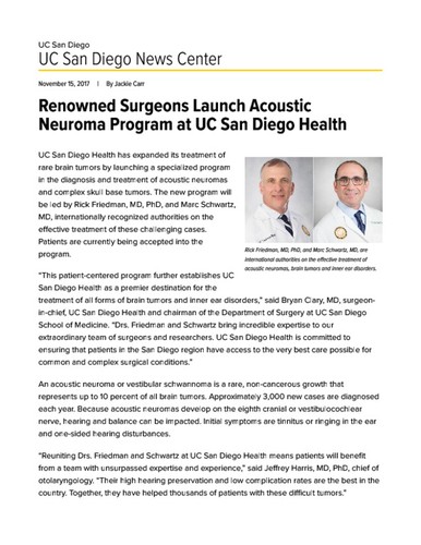Renowned Surgeons Launch Acoustic Neuroma Program at UC San Diego Health