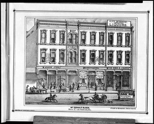 Drawing of an exterior view of the McDonald Block on Main Street in Los Angeles, 1880-1889