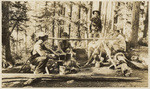 Camp-fire at our Bradley Lake base camp. Bill, Gretchen, Ollie, Norm, Jelly, Neill, Nurmi and Irv