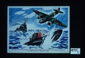 Un avion de bombardeo britanico "Blenheim" de la Jefatura Costera colabora con un destructor britanico en la destruccion de un submarino aleman