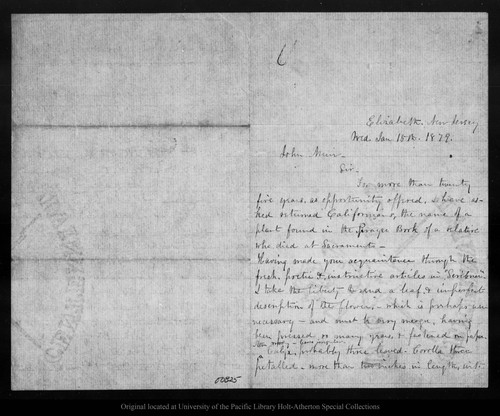 Letter from S. E. Wells to John Muir, 1879 Jan 15