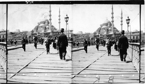 The Galata Bridge and Yeni Valede Djami Mosque. Constantinople. Turkey
