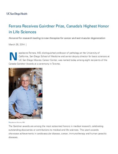 Ferrara Receives Gairdner Prize, Canada's Highest Honor in Life Sciences