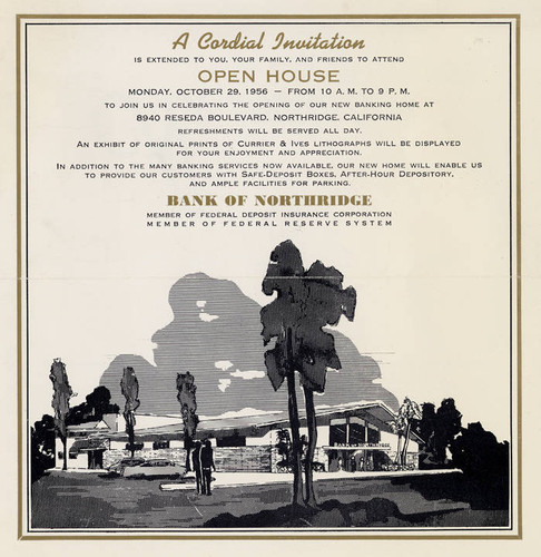 Invitation from the Bank of Northridge to an open house, October, 1956