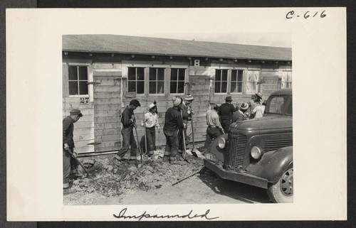 Maintenance work, repair and construction is done by volunteer evacuee workers. The wages are $8.00 per month for 48 hours a week. This gang of boys and young men are digging a drainage tank along the front of one of the barracks. Photographer: Lange, Dorothea San Bruno, California