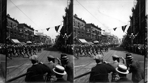 Presidential parade coming down Granville Steet, Vancouver Pres. car in foreground. Canada
